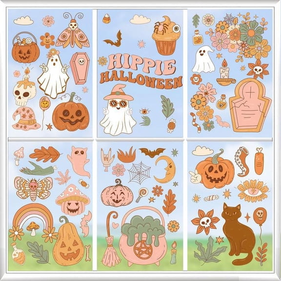 Kreatwow Halloween Groovy Party Decor 6Pcs Retro Halloween Groovy Window Clings Halloween Window Decoration Double-Printed Vintage Halloween Groovy Retro Hippie Window Decal for Home Office Party