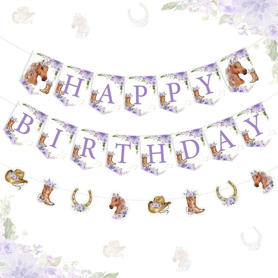 Kreatwow Horse Happy Birthday Banner Horse Party Decor Garland Purple Western Cowgirl Party Decor Wild West Cowgirl Rodeo Birthday Horse Birthday Supply With Horse Boot Design for Girl's Birthday