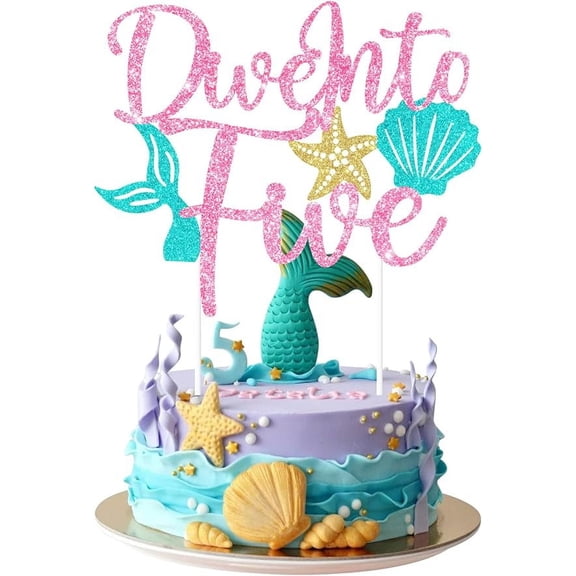 Kreatwow Mermaid 5th Birthday Decorations Mermaid Dive Into Five Cake Topper for Girl Mermaid Cake Decoration Mermaid Birthday Dive Into 5 Birthday Decor Under The Sea Party Supply for 5th Birthday