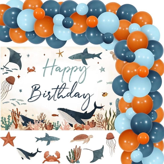 Kreatwow Ocean Theme Birthday Party Decorations for Boy Under the Sea Happy Birthday Backdrop Banner Retro Ocean Blue Balloons Arch Marine Birthday Party Decorations Ocean Animal Stickers