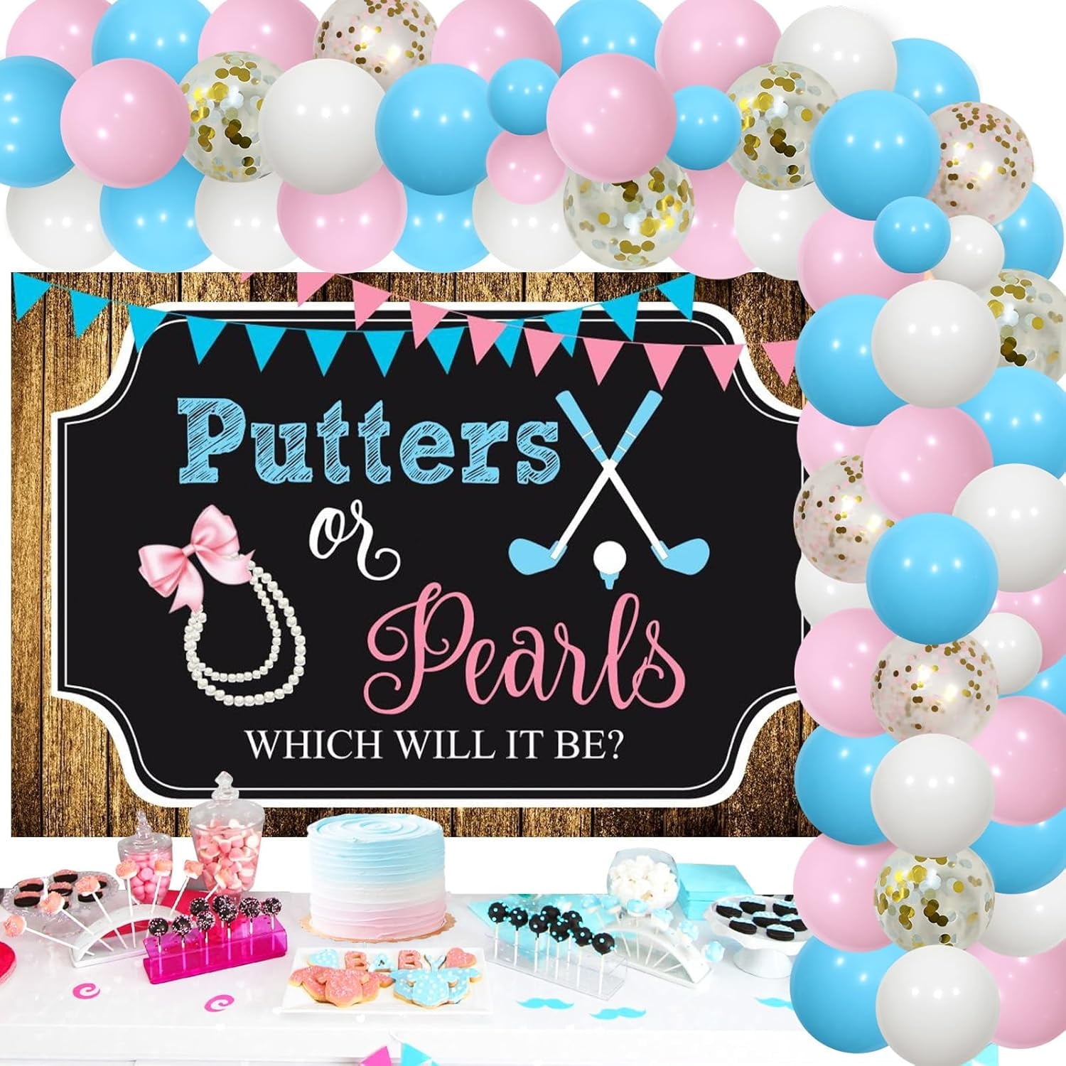 Kreatwow Putters or Pearls Gender Reveal Decorations Golf Gender Reveal Decorations Putters or Pearls Which It Will Be Backdrop Banner Pink Blue Baby Shower Balloon Arch Kit He or She Gender Reveal