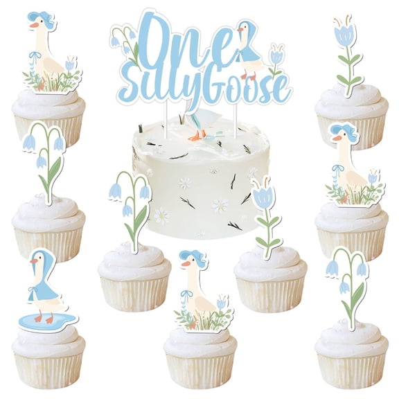 Kreatwow Silly Goose Party Decor Blue, 25PCS One Silly Goose Cake Topper and Goose Cupcake Toppers Geese Themed Cake Dessert Decor for Boys Farm Animal Goose First Birthday Baby Shower Party Supplies