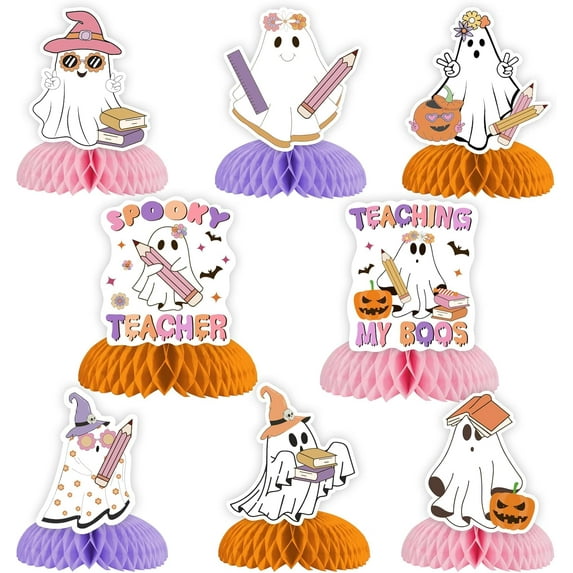 Kreatwow Teacher Halloween Decorations 8pcs Teacher Halloween Honeycomb Centerpiece Teaching My Boos Spooky Teacher Table Decoration Topper Retro Halloween Ghost Happy Teacher’s Day Party Decorations