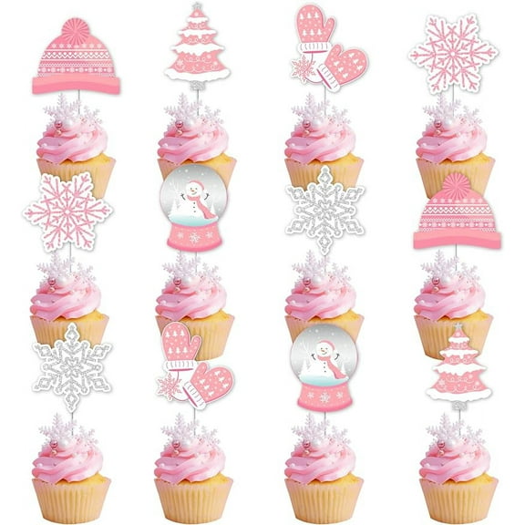 Kreatwow Winter Party Cake Decorations Winter Onederland Snowflake Cupcake Toppers Pink Wonderland Cake Decorations Snowman Christmas Tree Winter Baby Shower Party Supplies Pink for Girls 1st Birthday