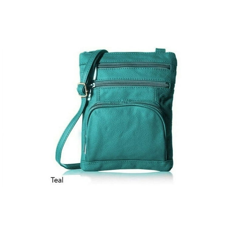 Green Leather Crossbody Handbag With Zipper. Soft Teal Leather 