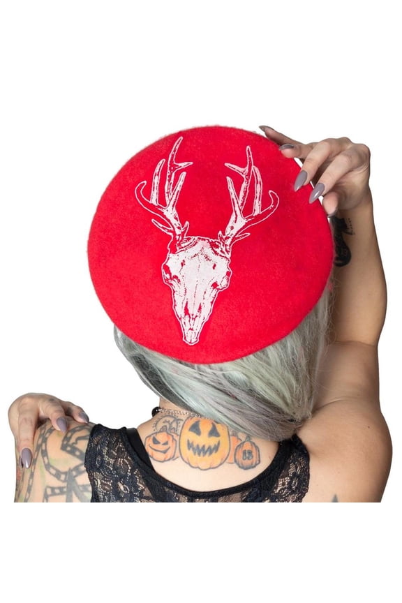 Deer Skull Beret Hat Red