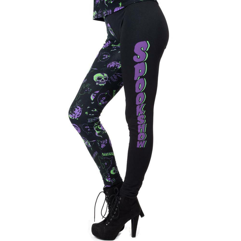 Kreepsville Spookshow Gothic Leggings Skulls Bats Black Purple Green Women  XL 