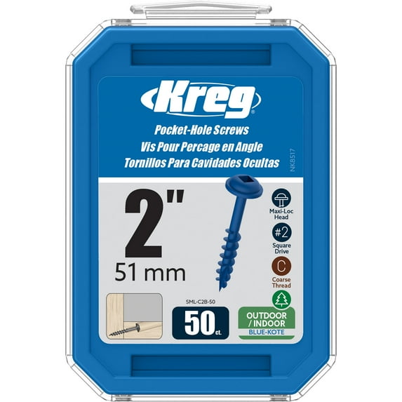Kreg SML-C2B-50 Blue Kote Weather-Resistant Pocket Screws, 2-Inch, #8 Coarse Thread, Maxi-Loc Head (50 Count)