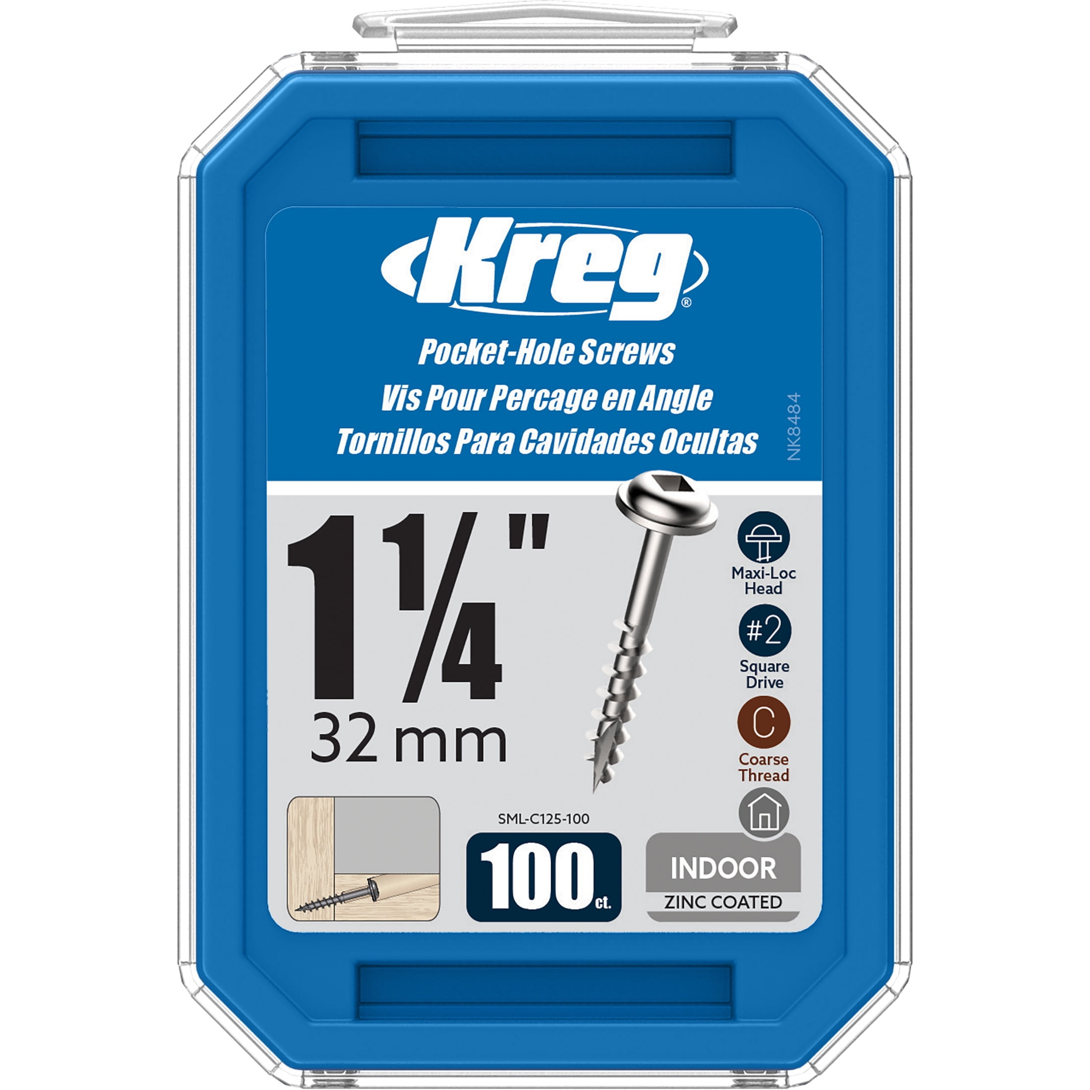 Kreg SML-C125-100 Zinc Pocket Screws, 1 1/4-Inch, #8 Coarse Thread, Maxi-Loc Head (100 Count)