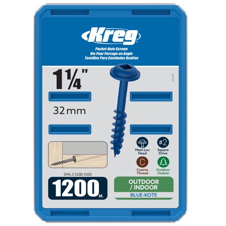 Kreg SML-C125B-1200 Blue Kote Weather Resistant Pocket Screws, 1 1/4-Inch, #8 Coarse Thread, Maxi-Loc Head (1200 Count)