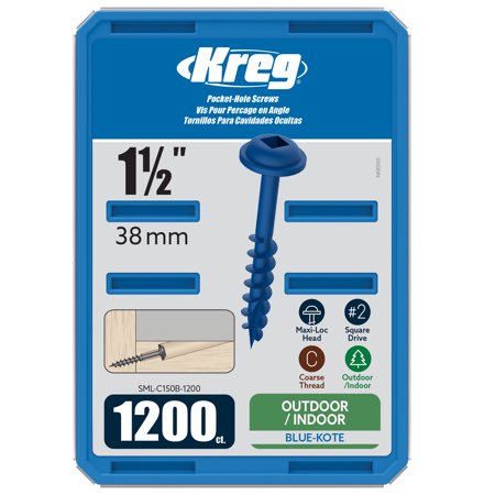 Kreg SML-C150B-1200 Blue Kote Pocket Screws, 1-1/2 Inch #8 Coarse Thread, Maxi-Loc Head (1200 Count)