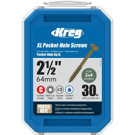Kreg SML-C2X250-30 Protec-Kote Pocket Screws, 2 1/2-Inch #14 Coarse Thread, Maxi-Loc Head (30 Count)