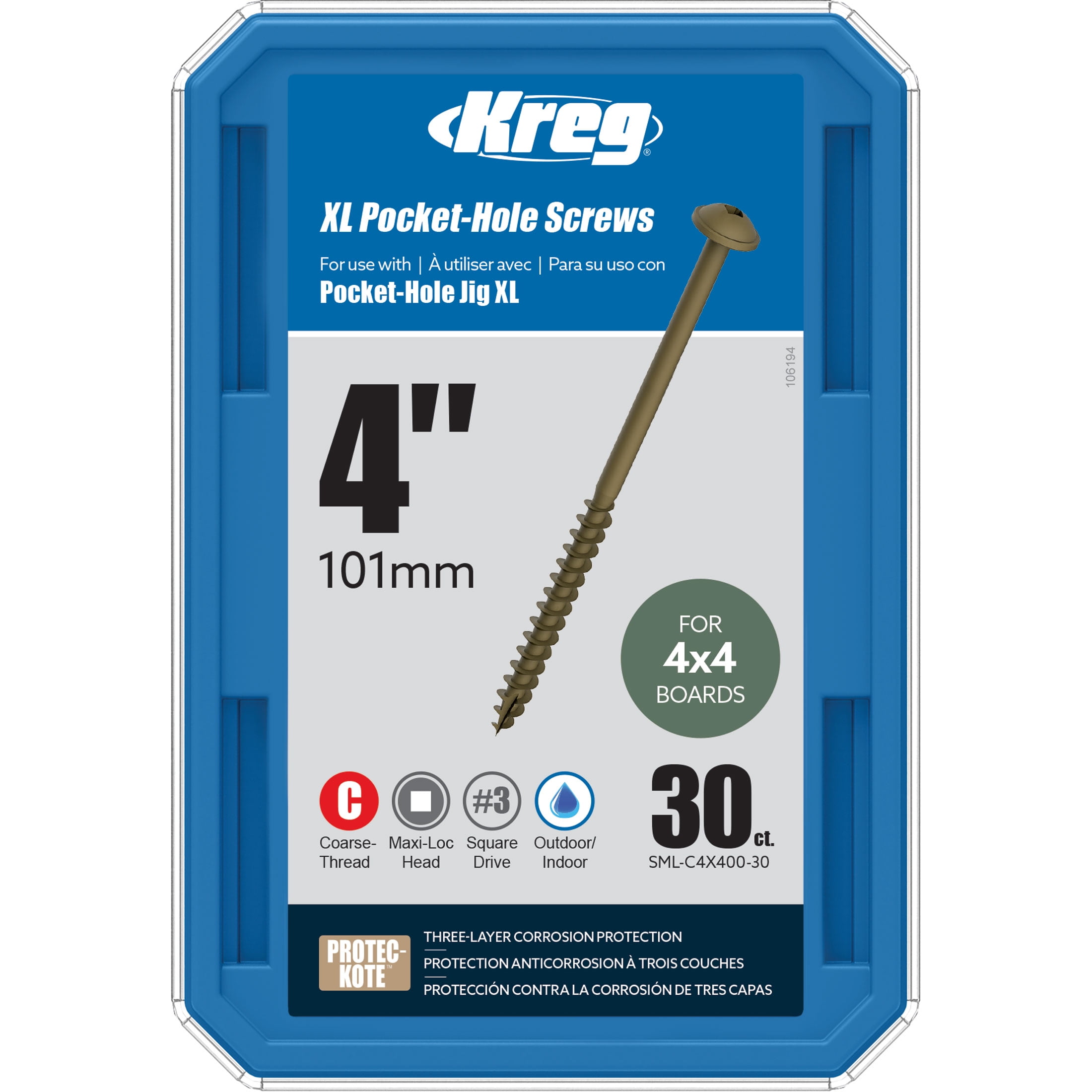Kreg SML-C4X400-30 XL Pocket-Hole Screws 4-Inch, (30 Count)
