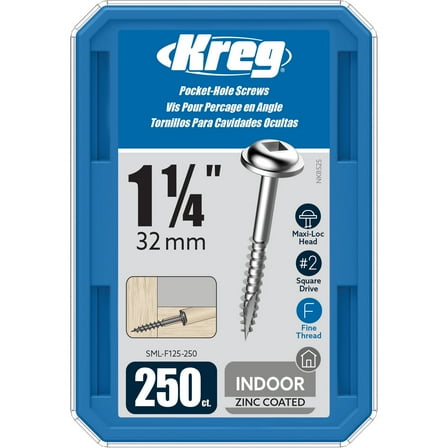 Kreg SML-F125-250 Zinc Pocket Screws, 1 1/4 Inch, #7 Fine Thread, Maxi-Loc Head (250 Count)