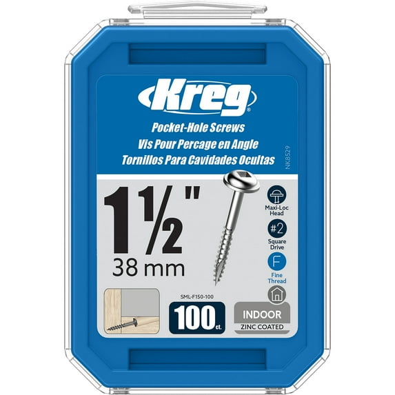 Kreg SML-F150-100 Zinc Pocket Screws, 1 1/2-Inch #7 Fine Thread, Maxi-Loc Head (100 Count)