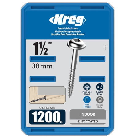 Kreg SML-F150-1200 Zinc Pocket Screws, 1 1/2-Inch #7 Fine Thread, Maxi-Loc Head (1200 Count)