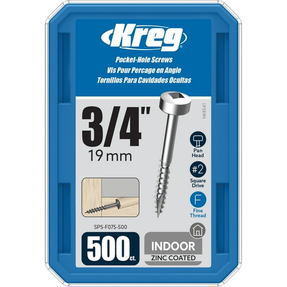 Kreg SPS-F075-500 Zinc Pocket Screws, 3/4-Inch, #6 Fine Thread, Pan Head (500 Count)