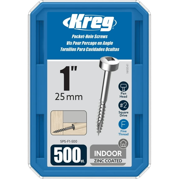 Kreg SPS-F1-500 Zinc Pocket Screws, 1-Inch, #6 Fine Thread, Pan Head (500 Count)