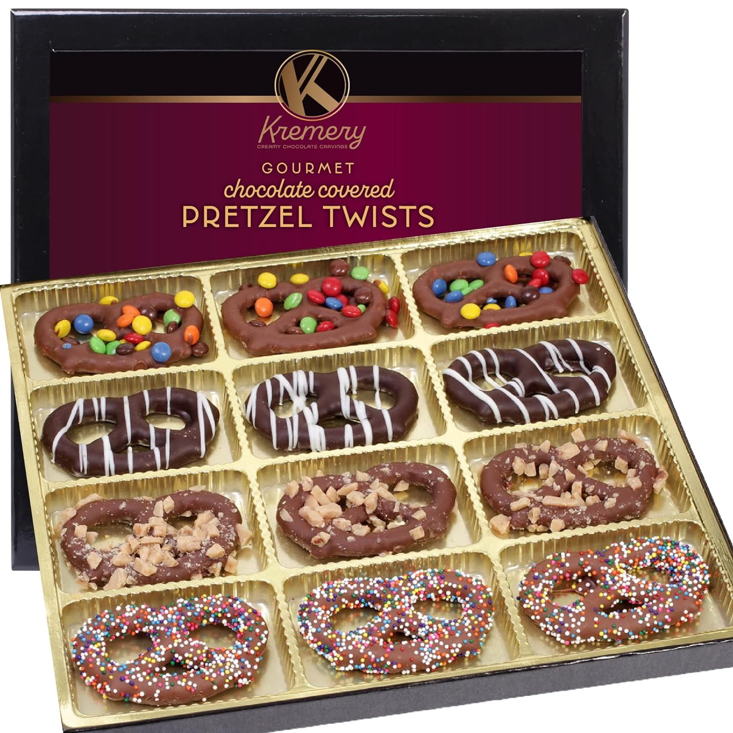 Kremery Creamy Chocolate Cravings - Mothers Day Chocolate Covered Pretzel Twists Gift Basket, Assorted Candy Toppings (12 Count) Birthday Care Package - Kosher Dairy Usa Made
