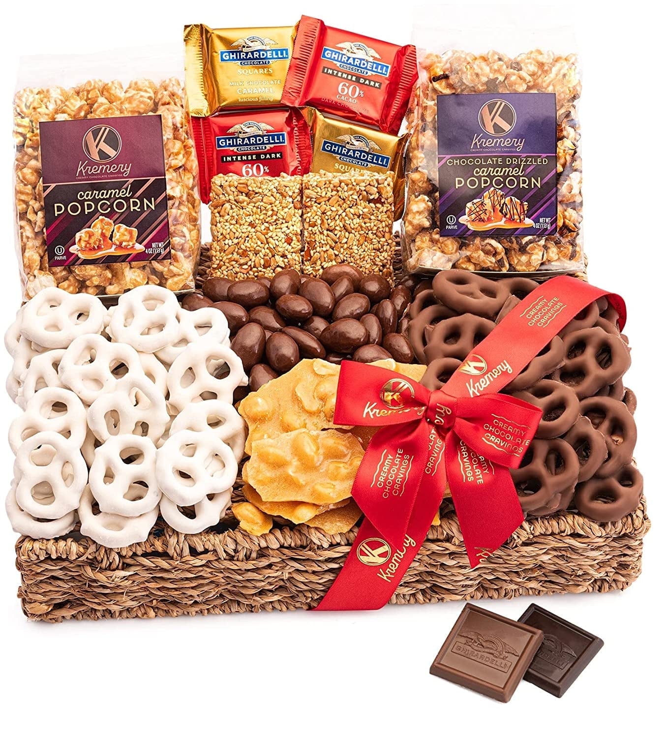 Kremery Milk Chocolate Covered Pretzels Gift Basket in Reusable Seagrass Tray + Ribbon (2.5 lb) Mothers Day Gift