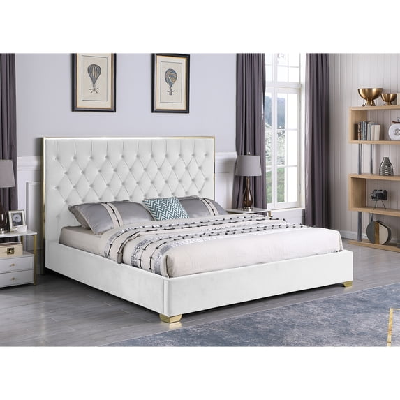 Kressa Velvet Fabric Tufted King Platform Bed in Cream/Gold
