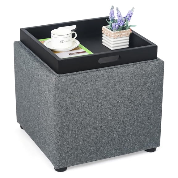 KriKac 17.7 Inch Storage Ottoman, Small Square Grey Linen Coffee Table Cube Foot Rest Stools, Upholstered Vanity Chair Seat for The Living Room, Entryway, Bedroom Dorm and (Grey with Tray)