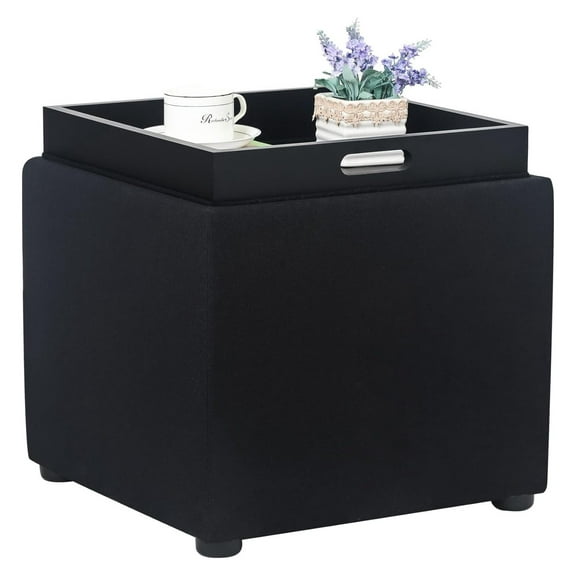 KriKac 17.7 Inch Storage Ottoman, Small Square Grey Linen Coffee Table Cube Foot Rest Stools, Upholstered Vanity Chair Seat for The Living Room, Entryway, Bedroom Dorm and (Black with Tray)