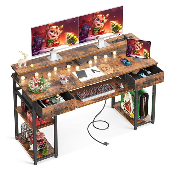KriKac 55 inch Computer Office Desk with USB Charging Port and Keyboard Tray, Writing Gaming Desk with 2 Drawers and Monitor CPU Stand and Removable Shelf, Vintage