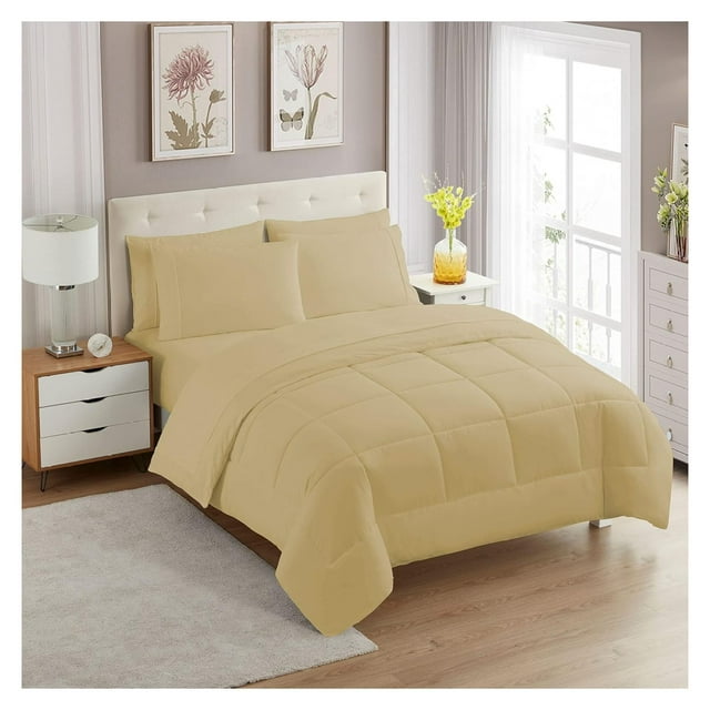 KriKac 7 Piece Comforter Set Bag Solid Color All Season Soft Down Alternative Blanket & Luxurious Microfiber Bed Sheets, Camel, Full