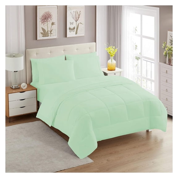 KriKac 7 Piece Comforter Set Bag Solid Color All Season Soft Down Alternative Blanket & Luxurious Microfiber Bed Sheets, Mint,