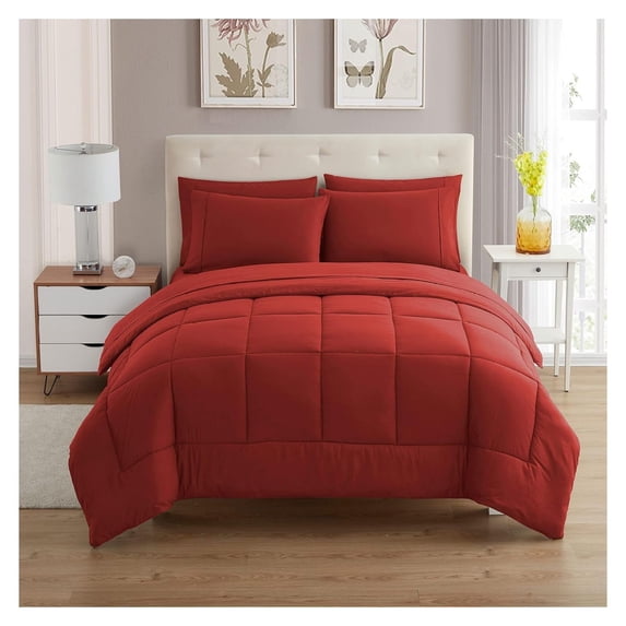 KriKac 7 Piece Comforter Set Bag Solid Color All Season Soft Down Alternative Blanket & Luxurious Microfiber Bed Sheets, Red, King