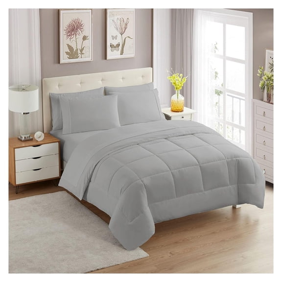 KriKac 7 Piece Comforter Set Bag Solid Color All Season Soft Down Alternative Blanket & Luxurious Microfiber Bed Sheets, Silver, King