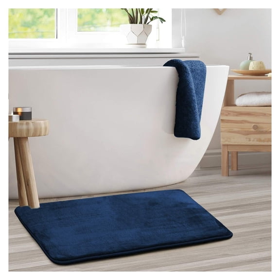 KriKac Bath Mat – Memory Foam Bath Mat - Soft Bathroom Rug - Non Slip and Super Absorbent - Fast Drying Machine Washable Bath Mat - Navy Blue - Large Size 20” x 32”