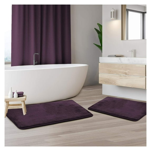 KriKac Bath Mat Set – Memory Foam Bath Mat - Soft Bathroom Rug - Non Slip and Super Absorbent - Fast Drying Machine Washable Bath Mat Set of 2 20 x 32, 17 x 24, Purple Eggplant