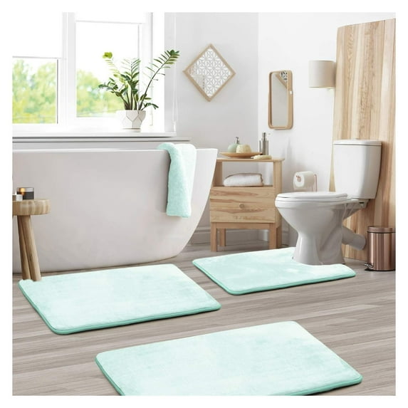 KriKac Bathroom Rugs – Memory Foam Bath Mat Set for Bathroom, Non Slip Absorbent Velvet - Fast Drying Bath Mats – Bathroom Rug and Contour Rug Set 3 Piece - 20 x 32-17 x 24-19 x 24, Aqua
