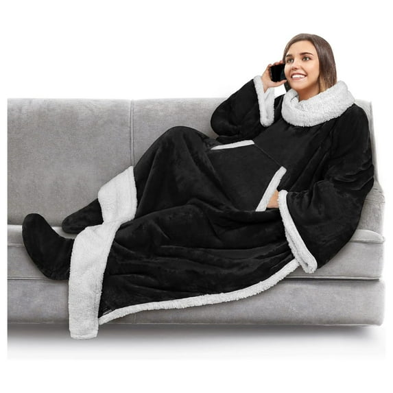 KriKac Blanket with Sleeves and Foot Pocket Women Men Adults, Fleece Wearable Blanket Sleeved Throw Wrap, Thick Hug Sleep Pod Blanket Robe, Cozy Ideas Wife Mom, Black