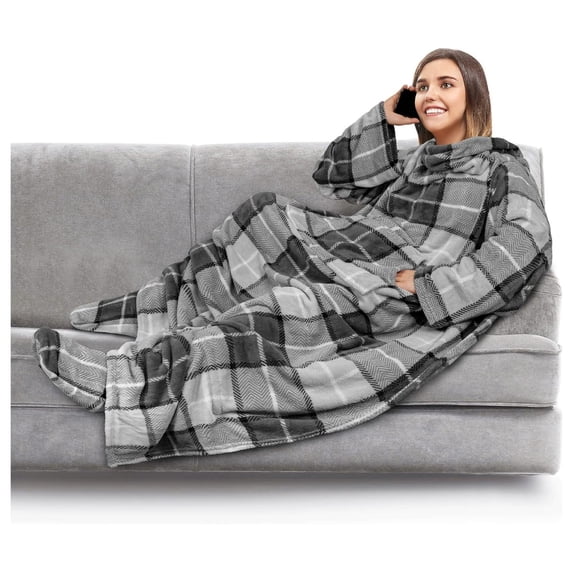 KriKac Fleece Blanket with Sleeves and Foot Pockets for Women Men Adults, Wearable Blanket Sleeved Throw Wrap, Plush Hug Sleep Pod Blanket Robe, Cozy Gift Ideas Wife Mom, Plaid Dark Gray