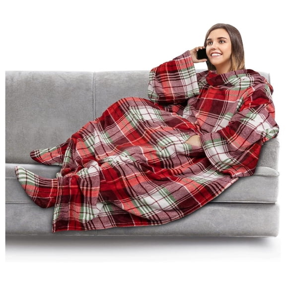 KriKac Fleece Blanket with Sleeves and Foot Pockets for Women Men Adults, Wearable Blanket Sleeved Throw Wrap, Plush Hug Sleep Pod Blanket Robe, Cozy Gift Ideas Wife Mom, Christmas Plaid
