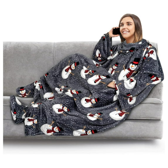 KriKac Fleece Blanket with Sleeves and Foot Pockets for Women Men Adults, Wearable Blanket Sleeved Throw Wrap, Plush Hug Sleep Pod Blanket Robe, Cozy Gift Ideas Wife Mom, Snowman Gray