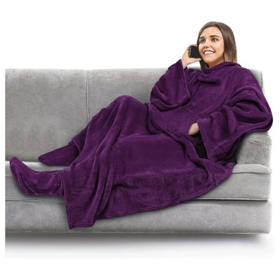 KriKac Fleece Blanket with Sleeves and Foot Pockets for Women Men Adults, Wearable Blanket Sleeved Throw Wrap, Plush Hug Sleep Pod Blanket Robe, Cozy Gift Ideas Wife Mom, Dark Purple