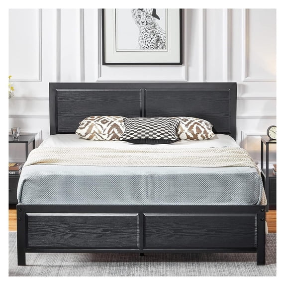 KriKac Full Size Platform Bed Frame with Black Wood Headboard, Mattress Foundation, Strong Metal Slats Support, No Box Spring Needed