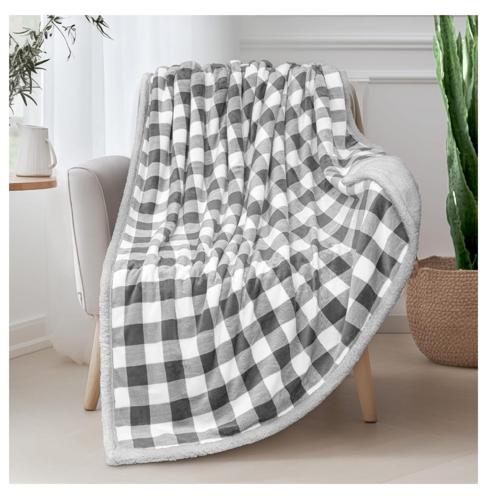 Checker Light Gray Fleece and Sherpa Reversible Throw Blanket