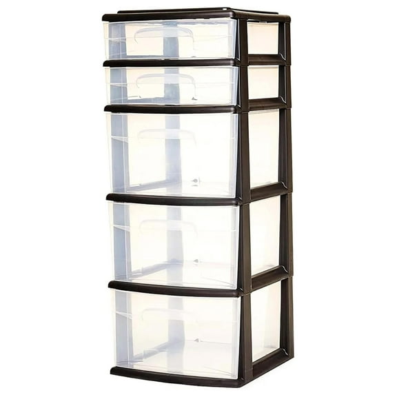 KriKac Plastic 5 Clear Drawer Medium Home Organization Storage Container Tower with 3 Large Drawers and 2 Small Drawers, Black Frame