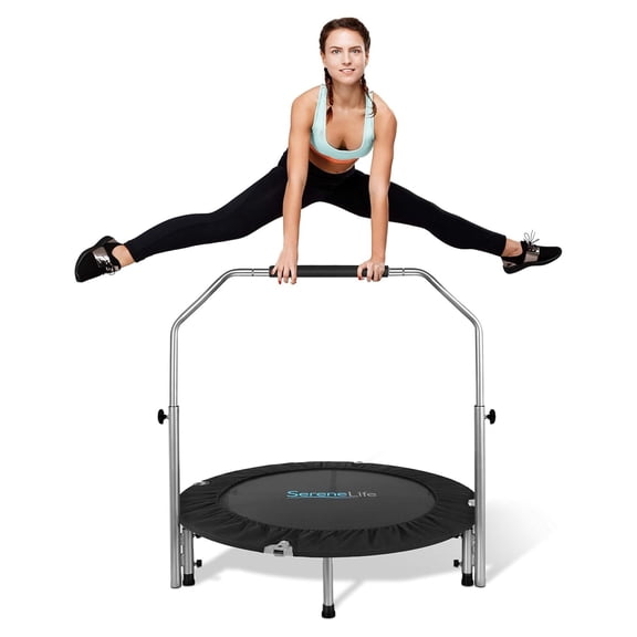 KriKac Portable & Foldable Trampoline - 40" in-Home Mini Rebounder with Adjustable Handrail, Fitness Body Exercise - SLSPT409, Blue