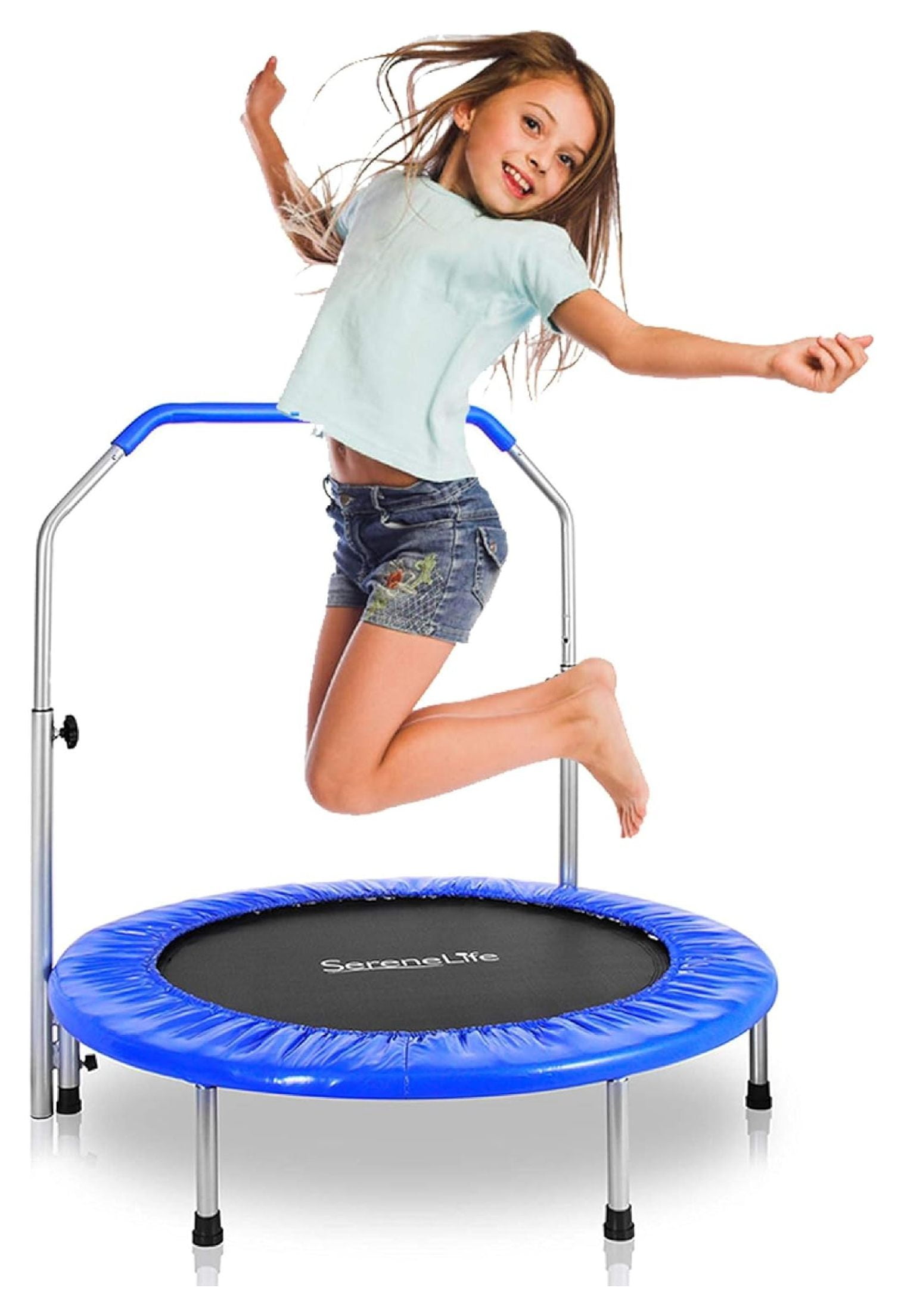 KriKac Portable & Foldable Trampoline - 40" in-Home Mini Rebounder with Adjustable Handrail, Fitness Body Exercise - SLSPT409, Blue