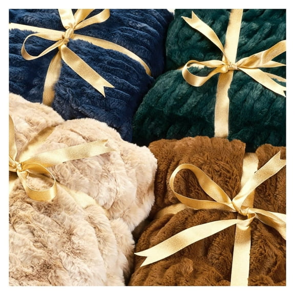 KriKac Premium Ruched Faux Fur Throw Blanket - Luxurious, Soft Reversible Mink Blanket - 50" x 65” - Blue
