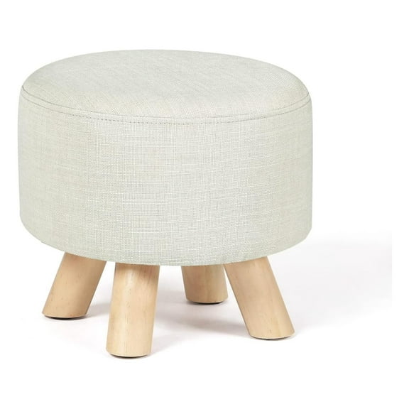 KriKac Small Round Ottoman Foot Rest Stool Fabric Padded Seat Footstool Ottoman with Non-Skid Wooden Legs (Beige,Fabric)