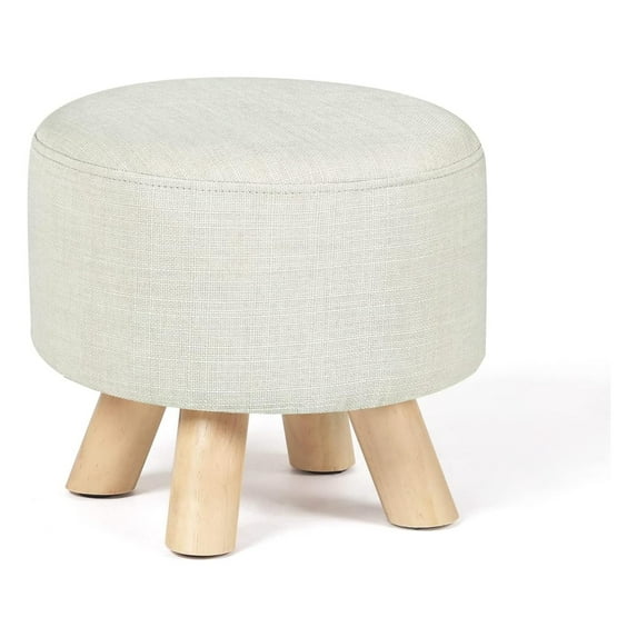 KriKac Small Round Ottoman Foot Rest Stool Fabric Padded Seat Footstool Ottoman with Non-Skid Wooden Legs (Beige,Fabric)