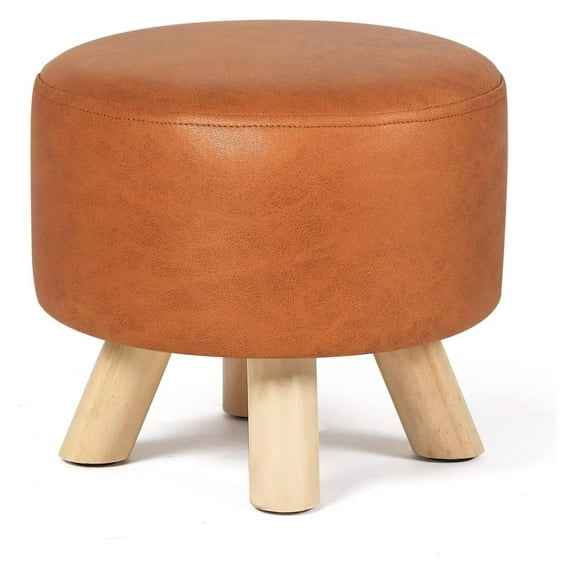 KriKac Small Round Ottoman Foot Rest Stool Fabric Padded Seat Footstool Ottoman with Non-Skid Wooden Legs (Dark Orange,Fabric)