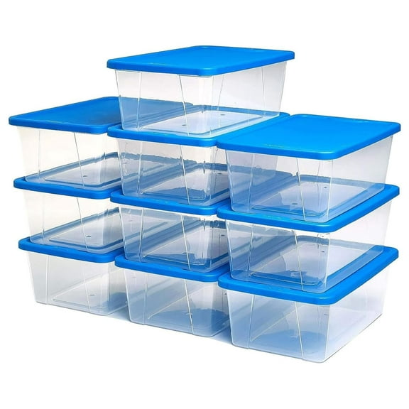 KriKac Snaplock 6-Quart Plastic Multipurpose Stackable Storage Container Bins with Blue Latching Lid for Home and Office Organization, Clear (10 Pack)